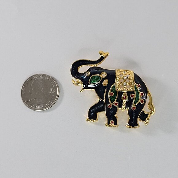Vintage Gold-Tone Enamel Elephant Brooch Pin With Rhinestones & Red Accents - Picture 3 of 8